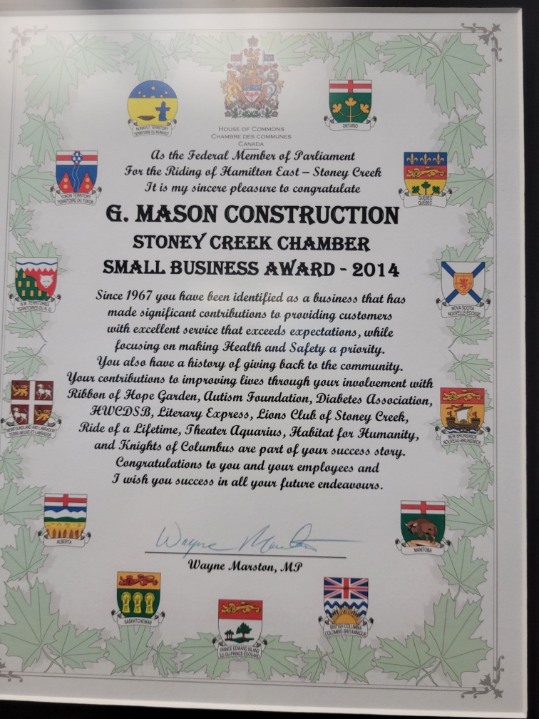 A certificate from Wayne Marston, MP for Hamilton East - Stoney Creek, congratulating G Mason for winning the 2014 small business award