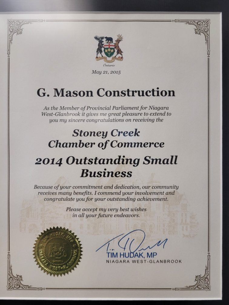 A certificate from Tim Hudak, MP for Niagara West-Glanbrook, congratulating G Mason for winning the 2014 Outstanding Small Business award