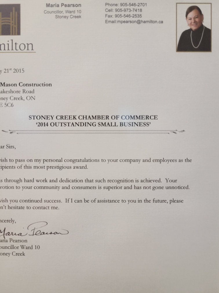 A letter from the city councillor congratulating G Mason for winning the 2014 Outstanding Small Business award