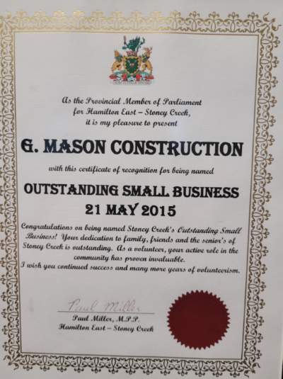 A certificate from Paul Miller, the MPP for Hamilton East - Stoney Creek, congratulating G Mason for winning the 2015 Outstanding Small Business award